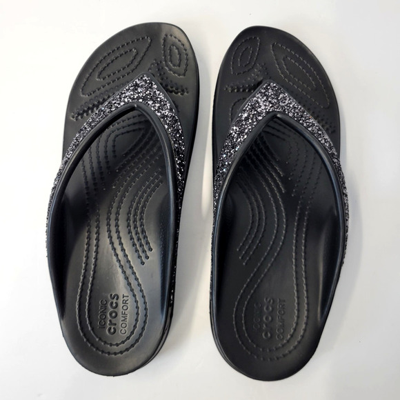 Crocs Sandals Shoes Womens Size 9 Black Glitter Wedge Flip Flop Comfort Summer - Picture 9 of 16